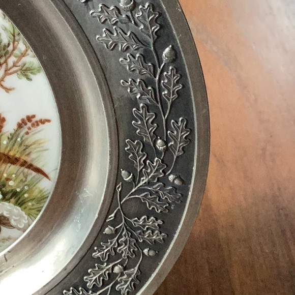 1980s/90s SKS Zinn Germany pheasant porcelain center 95% pewter rim 8” plate - Picture 3 of 8